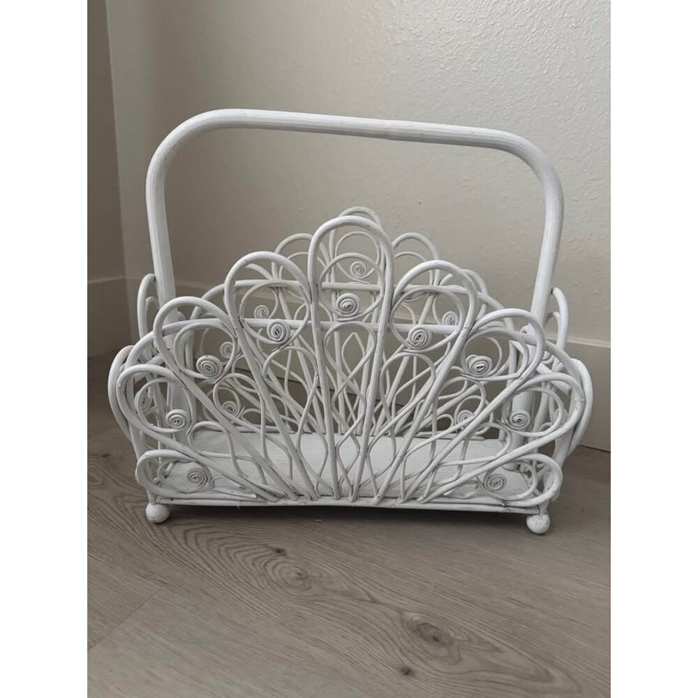 White Fiddlehead Bamboo MCM Hollywood Regency Magazine Rack